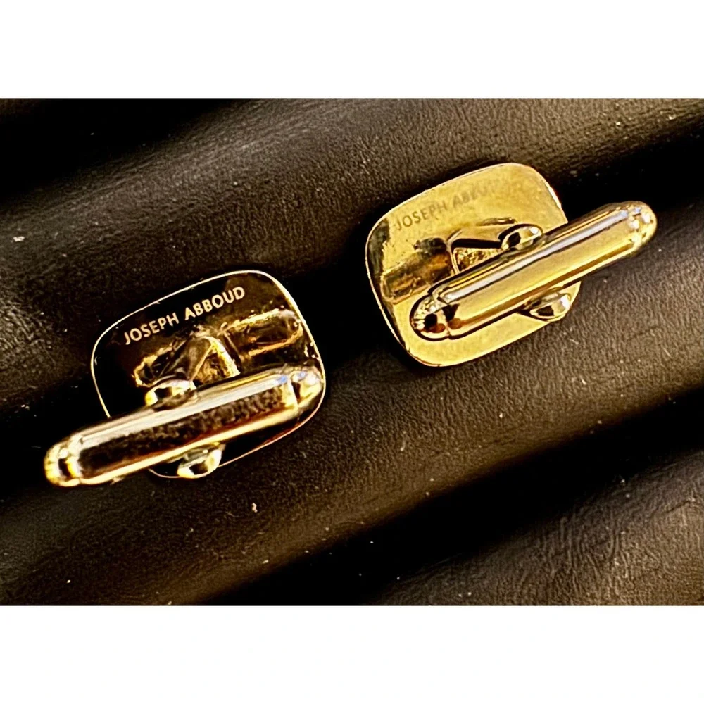 Joseph Abboud Mens Cufflinks Silver Tone Cream Enamel Square Striped Toggle Deco